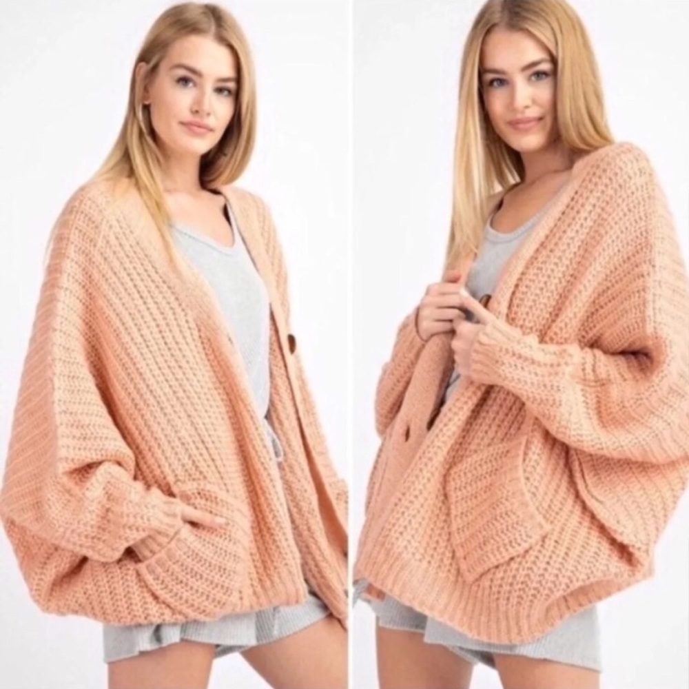 Chunky Knit Oversized Peach Sweater Cardigan β€οΈ - Picture 4 of 15